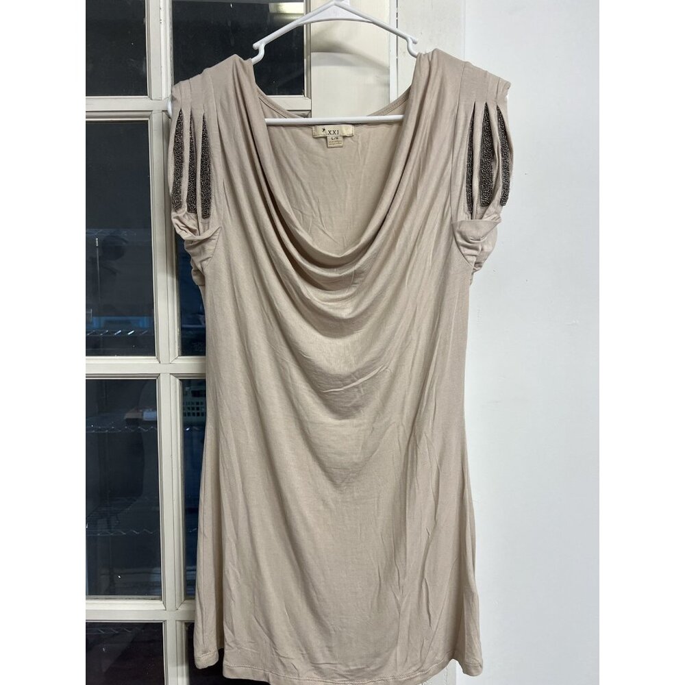 Y2K Vtg Women’s Large Top Beige Slinky Stretch Pearl Beads Cowl Neck Cyber Fairy